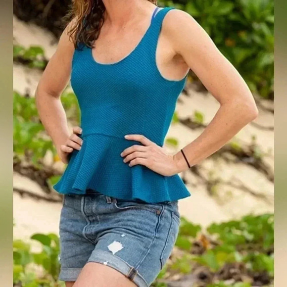 Ganni Waffle Knit Cerulean Blue Peplum Scoop Neck Tank Womens Size Medium - Picture 1 of 7